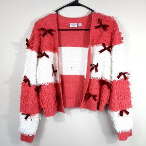 Mighty Fine Pink and White Stripe Loopy Knit Cardigan w/ Burgandy Bows